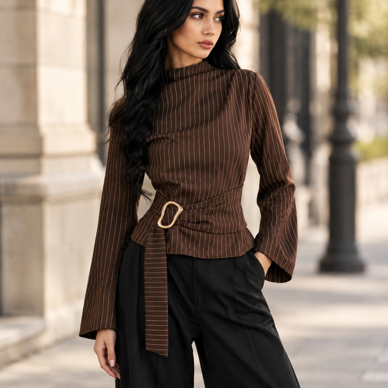 Women Fashion Necktie - Top con maniche a campana e